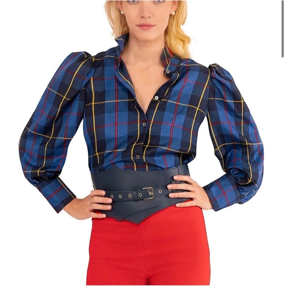 Gretchen Scott Plaid Puff Sleeve Blouse Women Medium Blue Excellent Tartan Top